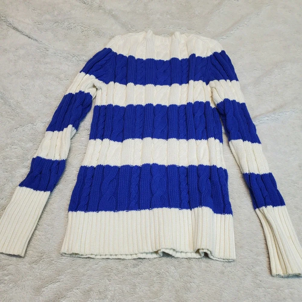 J. Crew White Blue Striped Cable Knit Sweater Small Preppy Chunky Cozy Cotton